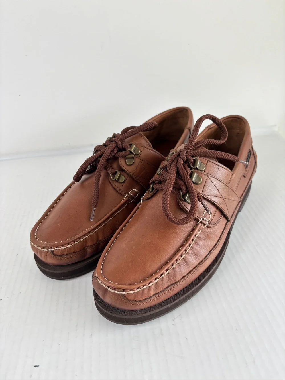 Wrangler Brown Leather Boat Shoes Mens 9.5 M Rugged Sole Crafted in Brazil NEW!